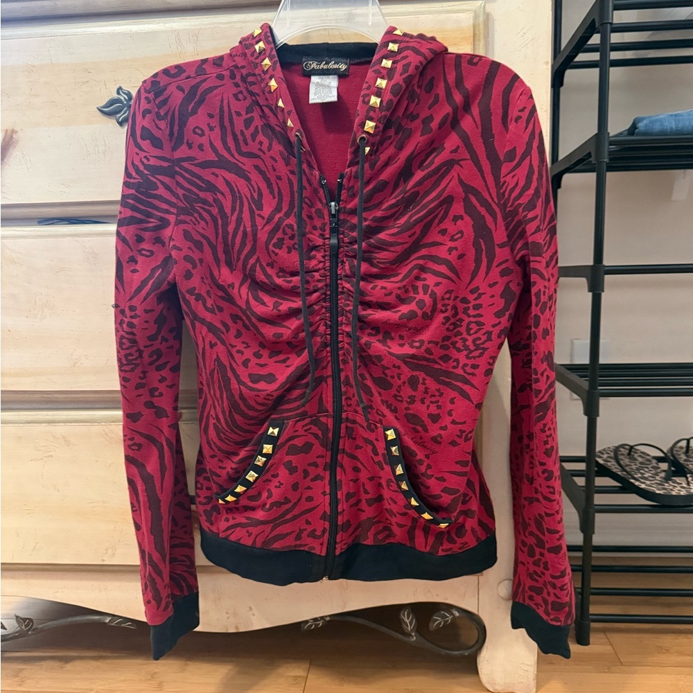 Abbey Dawn Inspired Dark Pink Red Animal Print Zebra Leopard Hoodie Gold Studs